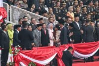 Menteri Pertahanan Prabowo Subianto menghadiri acara HUT ke-77 Polri mendampingi Presiden Joko Widodo. (Dok. Tim Media Prabowo Subianto)