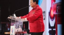 Menteri Pertahanan Prabowo Subianto diacara Puncak Hari Olah Raga Nasional (HAORNAS) XL Tahun 2023 di GOR Velodrome Rawamangun, Jakarta. (Dok. Tim Media Prabowo Subianto)